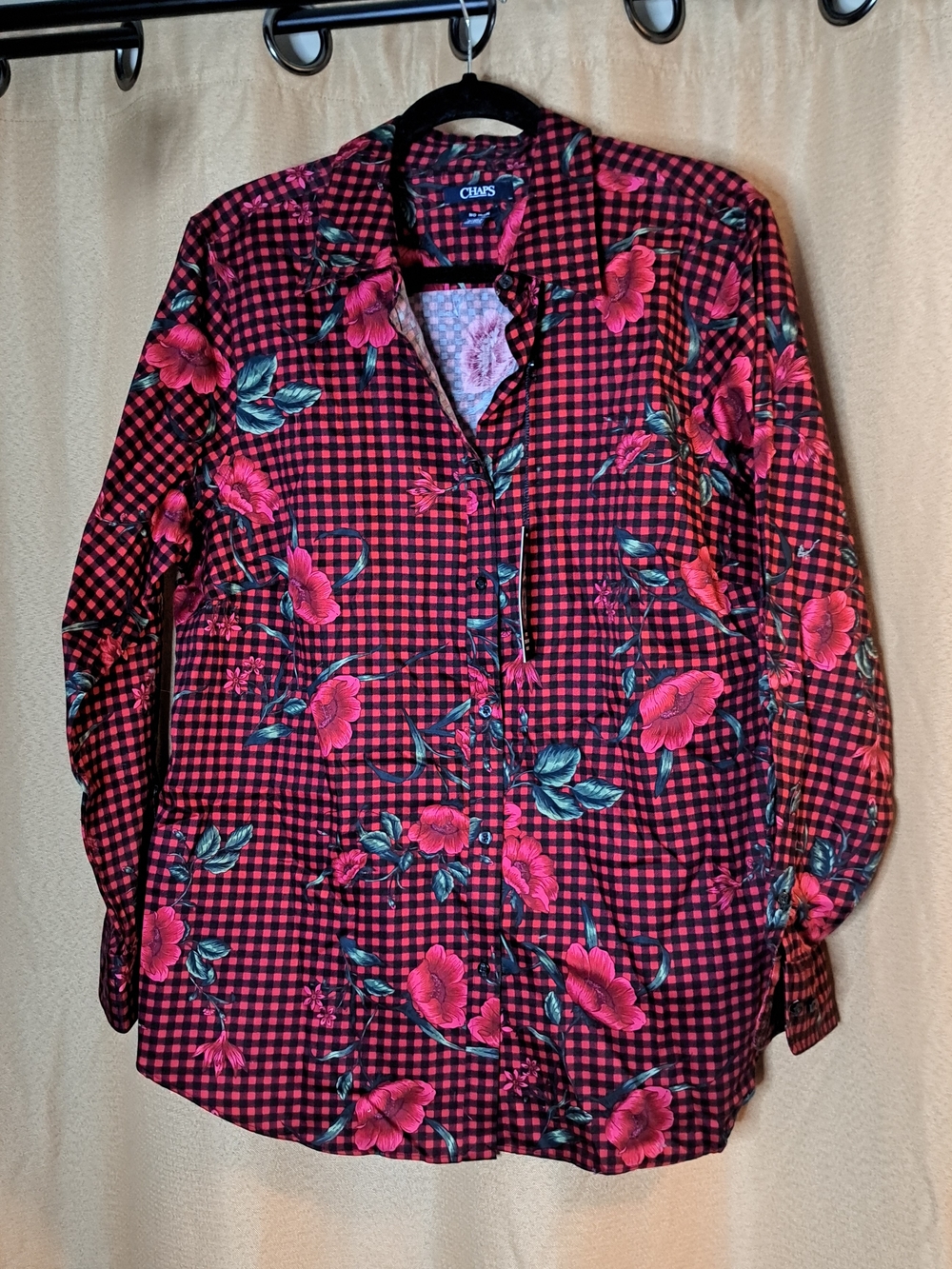 Chaps Red and Pink Floral Gingham Button-Up Shirt